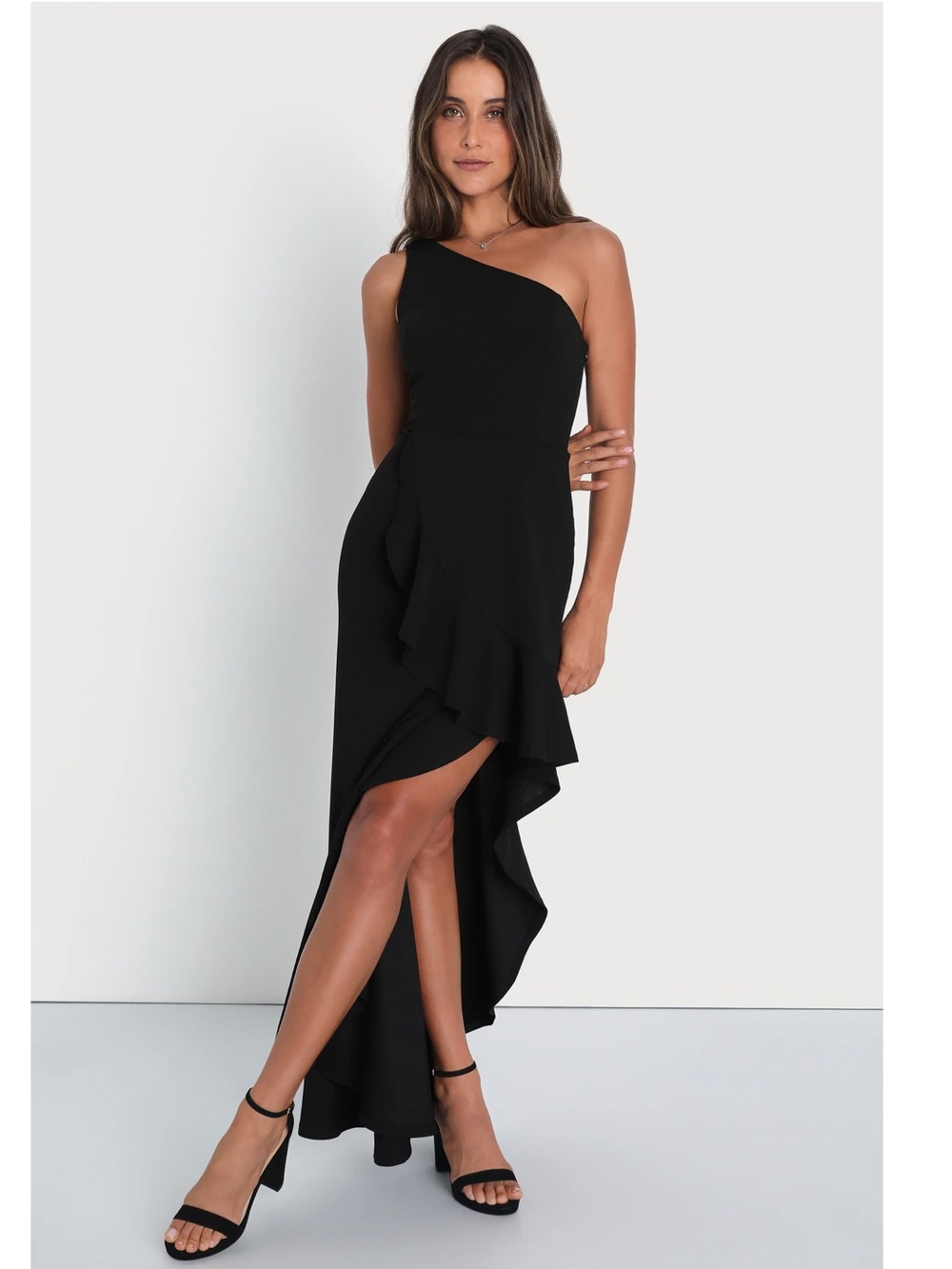 Lulus Dramatic Persona Black One-Shoulder Ruffled Crepe Knit Maxi Dress Small
